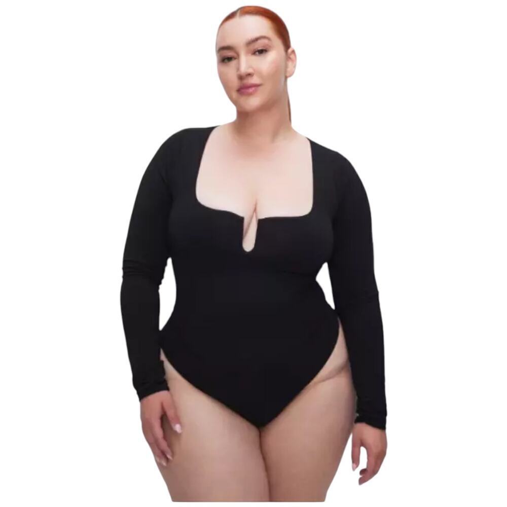 Good American Women's Black Long Sleeve U-Ring Thong Bodysuit Size 8 (5XL)